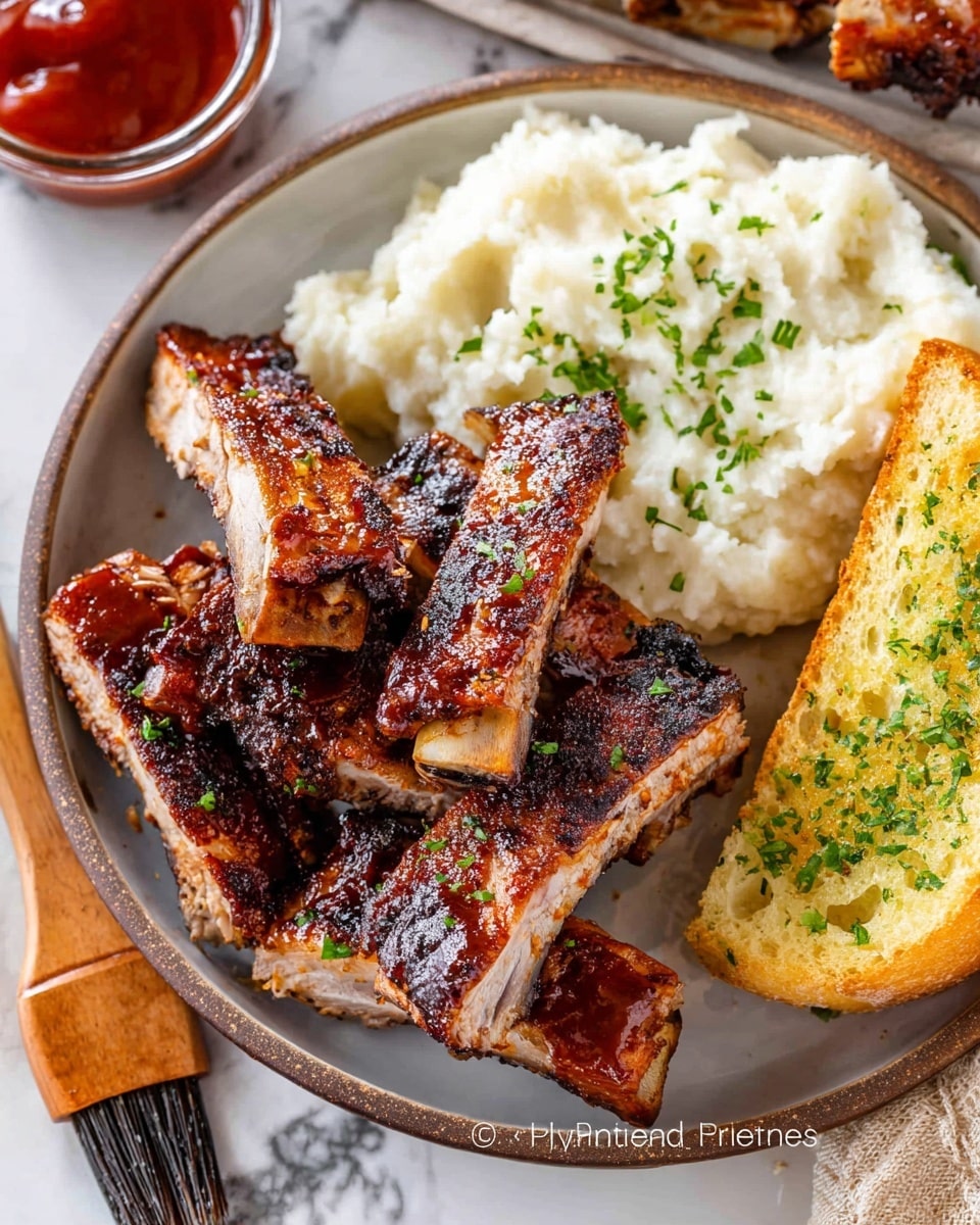 This image shows a white round plate with five pieces of grilled ribs stacked in the center, each rib has a dark brown, crispy, and slightly charred crust with a shiny glaze. To the right of the ribs is a large scoop of white mashed potatoes sprinkled with green chopped herbs. Next to the mashed potatoes is a slice of golden garlic bread with visible green herbs on top. The plate is placed on a white marbled surface with a small glass bowl of red barbecue sauce and a wooden brush with sauce near the bottom left corner. Photo taken with an iphone --ar 4:5 --v 7