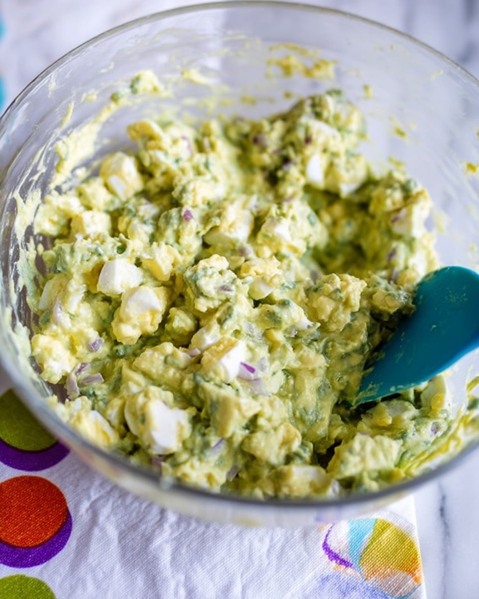 A close-up view of a glass bowl filled with a chunky avocado egg salad mixture, showing light green creamy avocado blended with small white pieces of chopped boiled egg scattered throughout. The texture looks thick with some small bits maintaining shape, and there are hints of finely chopped herbs or onion in the mix, creating small green and purple specks. A blue spatula is partly visible stuck in the salad on the right side of the bowl. The bowl rests on a white cloth with colorful circular patterns over a white marbled surface. Photo taken with an iphone --ar 4:5 --v 7