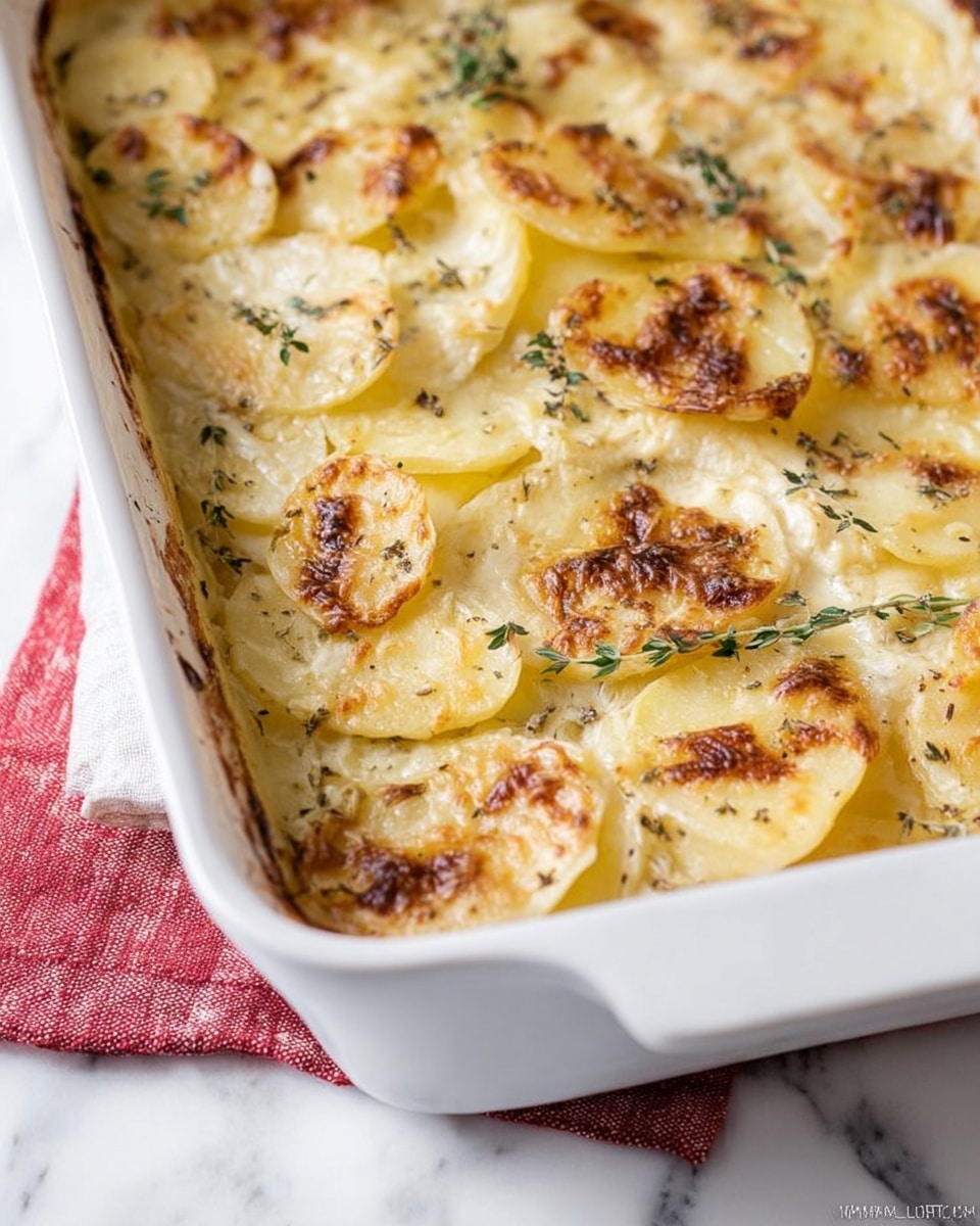 A white rectangular baking dish holds a baked potato gratin, composed of thin, round slices of pale yellow potatoes layered evenly in a single thick layer, topped with golden-brown spots of melted cheese that have bubbly and slightly crispy edges. Small sprigs of fresh green herbs are sprinkled across the top, adding contrast to the creamy texture. The dish sits on a white marbled surface, with a glimpse of a red and white cloth underneath. Photo taken with an iphone --ar 4:5 --v 7