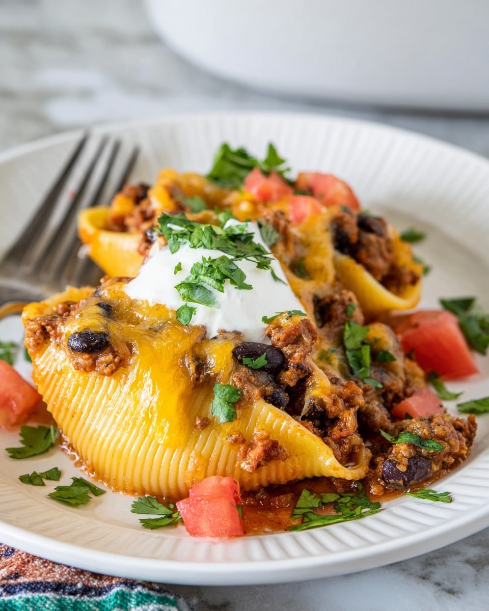 The dish is a baked casserole in a white ceramic dish, showing about three layers. The bottom layer is a mixed filling of black beans and browned meat, dark brown and black in color. The middle layer is thick, melted cheddar cheese in a bright orange-yellow covering most of the top. The top layer has finely chopped red tomatoes scattered evenly and green chopped cilantro sprinkled all over, adding fresh color contrast. The casserole looks warm, cheesy, and textured with melted cheese stretching slightly over the edges. The dish sits on a white marbled surface. photo taken with an iphone --ar 4:5 --v 7
