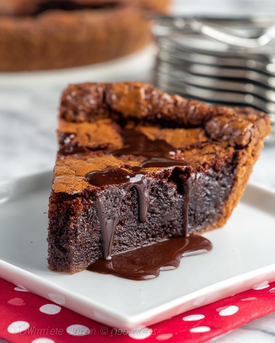 A single slice of chocolate pie sits on a white square plate, showing two main layers: a dense, dark, fudgy bottom layer and a lighter, cracked, textured top layer that looks slightly crisp. The top is drizzled with shiny, rich chocolate sauce that pools slightly on the plate’s edge. The background features the rest of the pie blurred out, sitting on a white marbled surface, with a stack of silver forks in the back. The red and white polka dot cloth under the plate adds a bright touch to the scene. photo taken with an iphone --ar 4:5 --v 7