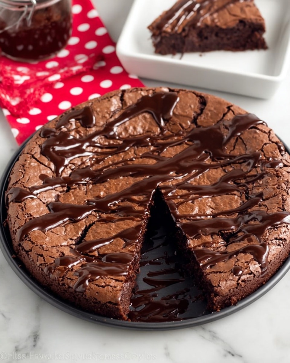 A round, single-layer chocolate brownie with a cracked, light brown top is shown with one slice removed to reveal a dense, dark brown inside. The surface is decorated with thick, glossy dark chocolate drizzles spread unevenly across the top, creating a shiny contrast against the matte brownie base. The brownie sits in a black baking pan, placed on a white marbled surface. In the background, part of a white dish with a slice of the brownie and a jar with dark contents are visible, along with a red and white polka dot cloth underneath the dish. Photo taken with an iphone --ar 4:5 --v 7