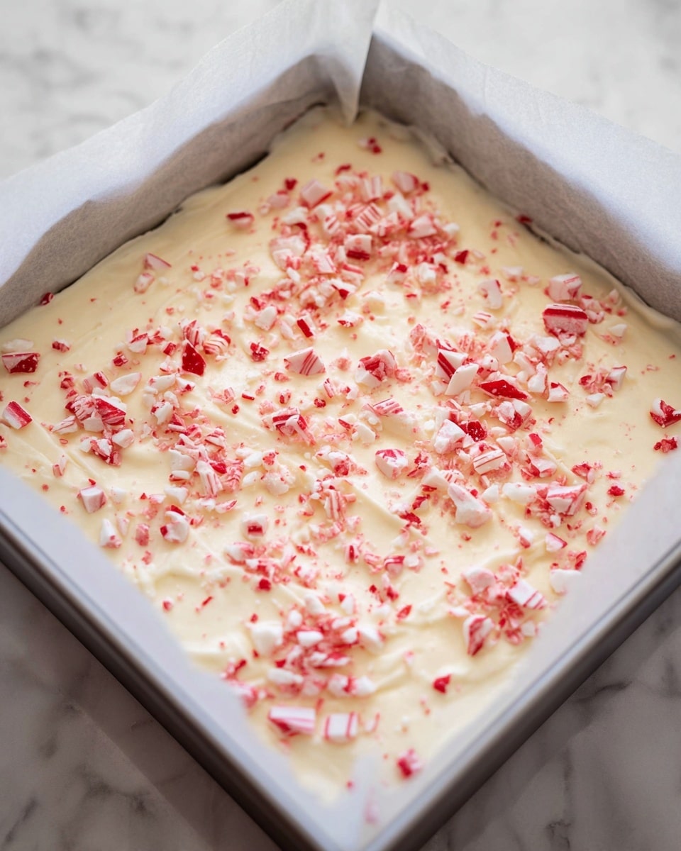A stack of three square chocolate brownies with visible dark, rich, and moist texture and small bits mixed in each brownie layer, each separated by a thick layer of creamy white frosting dotted with small red and pink candy pieces. The top layer of frosting is decorated with more crushed candy pieces, adding a splash of color and texture contrast. The brownies are placed on a simple white plate with a smooth surface on a white marbled background. Photo taken with an iphone --ar 4:5 --v 7