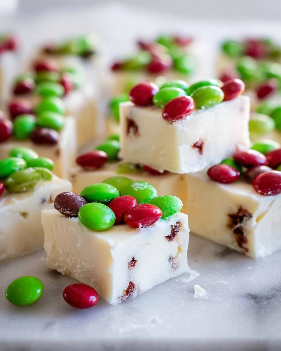 A white bowl filled with square pieces of white fudge layered with whole red and green candy-coated chocolates on top and inside. Each square has a smooth creamy white surface, and the colorful red and green candies are scattered unevenly, some cracked, adding texture and contrast. The bowl sits on a red cloth over a white marbled surface with a few loose red and green candies blurred in the background. Photo taken with an iphone --ar 4:5 --v 7
