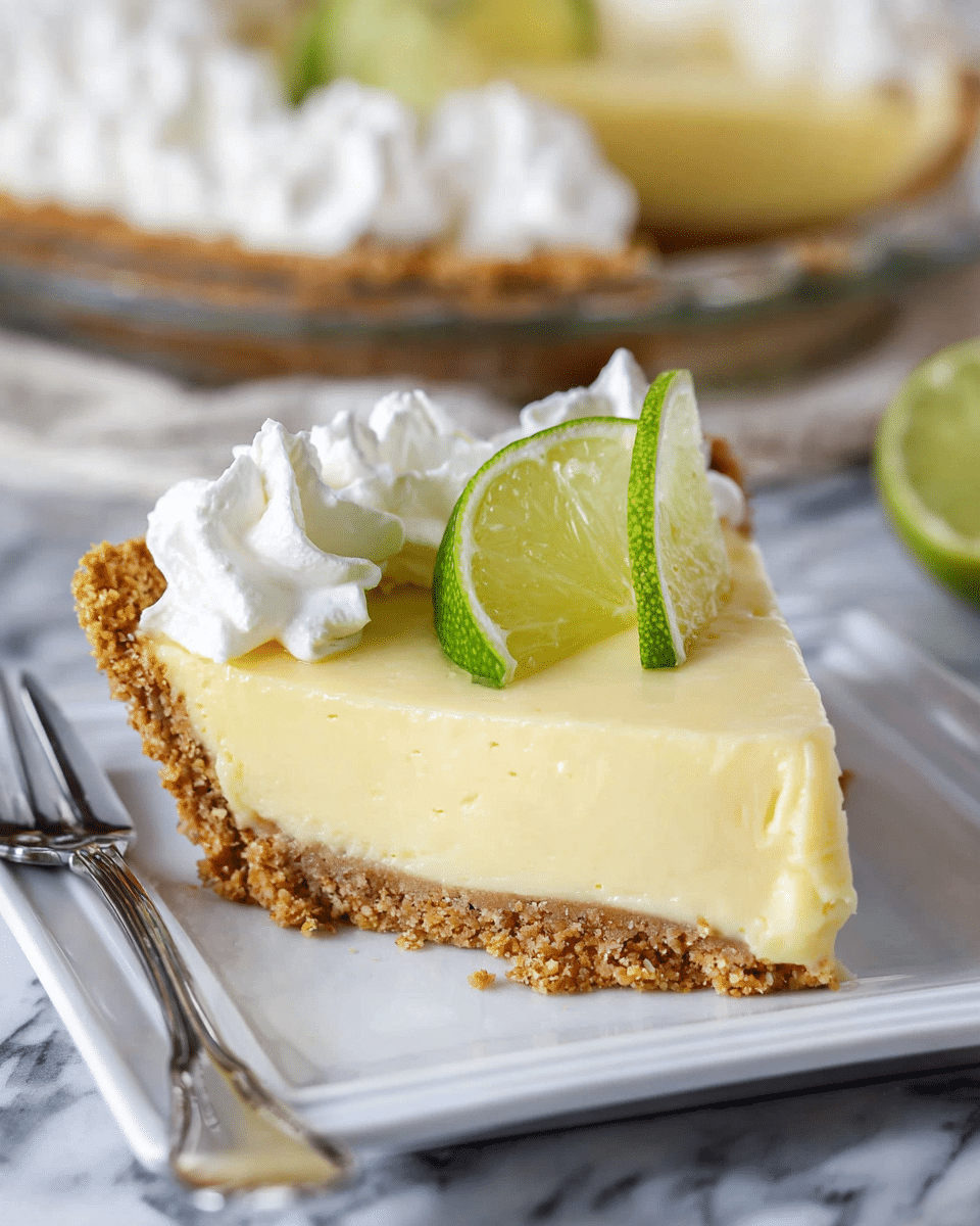 A clear glass pie dish filled with a three-layer Key lime pie, starting with a crumbly golden brown graham cracker crust at the bottom and sides, followed by a smooth pale yellow lime filling that looks creamy and even, topped with a ring of fluffy white whipped cream dollops around the edge, each decorated with a thin slice of bright green lime wedge, all set against a white marbled texture surface. photo taken with an iphone --ar 4:5 --v 7