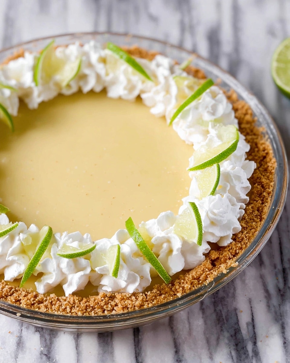 A slice of key lime pie on a white square plate, showing three main layers: a crumbly light brown crust at the bottom, a smooth pale yellow creamy filling in the middle, and white whipped cream dollops on top. Each whipped cream dollop is garnished with a thin, bright green lime slice. A silver fork rests to the left of the pie slice. The background features a white marbled texture with a blurred pie dish holding the rest of the pie. Photo taken with an iphone --ar 4:5 --v 7