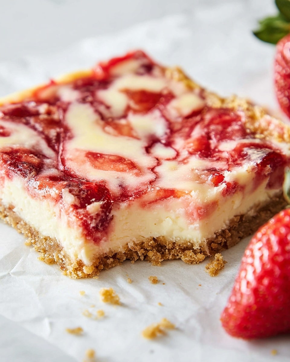The image shows a close-up of a square piece of strawberry cheesecake bar. It has three clear layers: a crumbly light brown base, a creamy white middle layer, and a red and white swirled top layer made of strawberry sauce mixed with cream. The top has a shiny texture with visible pieces of strawberry. Behind the piece, there are three fresh strawberries with green leaves on a white marbled surface, also showing more cheesecake bars in the background. There are a few crumbs scattered around. Photo taken with an iphone --ar 4:5 --v 7