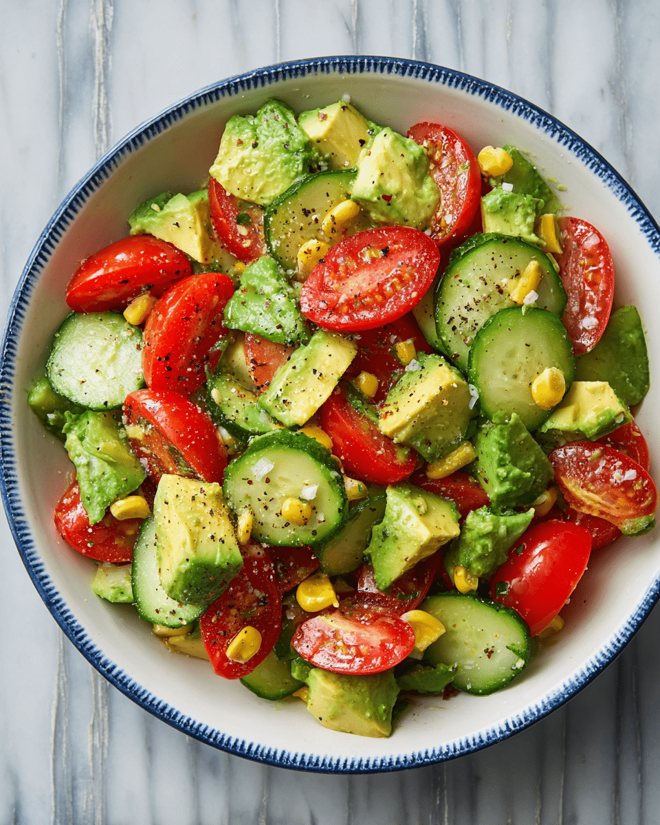 A close-up view of a fresh salad in a white bowl with a blue rim, showing three main layers: bright red cherry tomato halves scattered throughout, chunky light green avocado pieces with a soft texture, and thinly sliced cucumber rounds with dark green skin. Bright yellow corn kernels add extra color, and the salad is lightly sprinkled with cracked black pepper and coarse salt. The bowl sits on a white marbled surface. Photo taken with an iphone --ar 4:5 --v 7