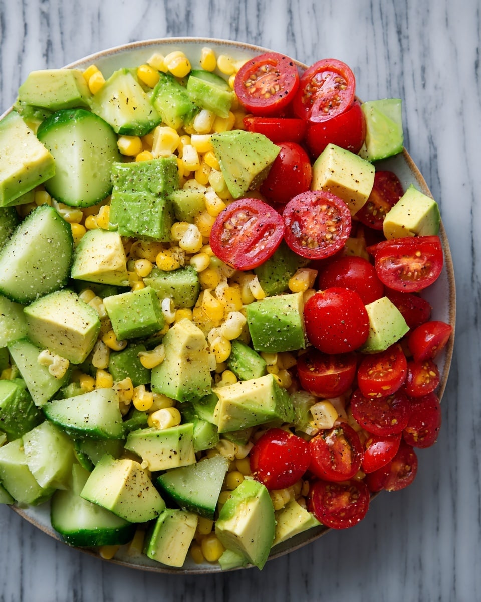 The image shows a close-up of a fresh vegetable salad with three main layers: the bottom layer has small, bright yellow corn kernels evenly spread, the middle layer contains thick, light green cucumber slices with a slightly textured skin, and the top layer features large cubes of creamy avocado in pale green, along with halved, shiny red cherry tomatoes. Each ingredient looks fresh, with a sprinkle of black pepper and a light shine indicating moisture or dressing. The overall mix is vibrant and colorful, placed on a white marbled surface, photo taken with an iphone --ar 4:5 --v 7