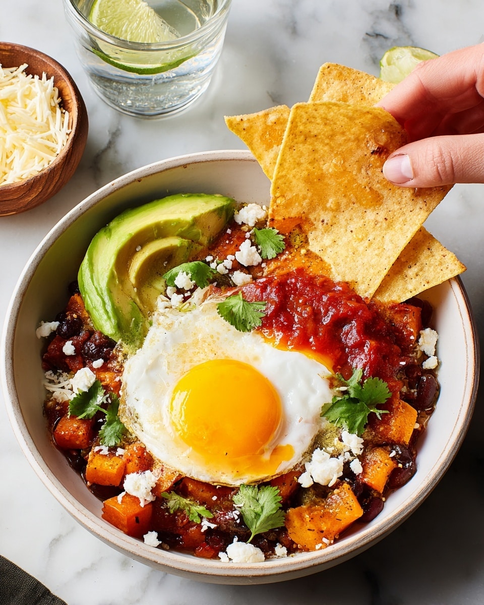 A white bowl filled with a colorful mix of diced orange sweet potatoes and dark beans as the base layer, topped with bright red salsa sauce spread on one side. A perfectly cooked sunny-side-up egg with a shiny, orange yolk sits in the center. To the side, there are three large crispy tortilla chips standing upright and one being held by a woman's hand, dipping into the yolk with the yolk dripping down. A fresh green avocado slice rests next to the egg, sprinkled lightly with white cheese crumbles scattered across the dish along with small green cilantro leaves. The bowl is set on a white marbled surface, with a glass of water and lime wedge in the background and a small wooden bowl of extra cheese nearby. Photo taken with an iphone --ar 4:5 --v 7