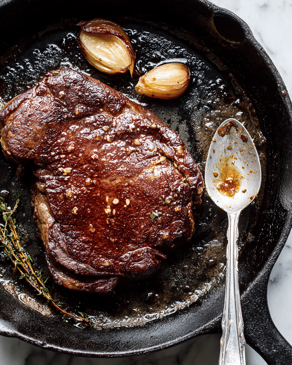 The image shows a close-up of a thick, richly browned steak sizzling in a black cast iron pan. The steak has a deep caramelized crust with a glossy, slightly oily surface from cooking juices. Around the steak, there are three browned garlic cloves that have softened, and a sprig of fresh thyme, slightly blackened from heat, lies next to them. To the right side of the pan is a silver spoon with bits of browned seasoning and oil on it. The pan's surface is rough with darkened spots and cooking residue, highlighting the intense searing. The background is a white marbled texture. Photo taken with an iphone --ar 4:5 --v 7
