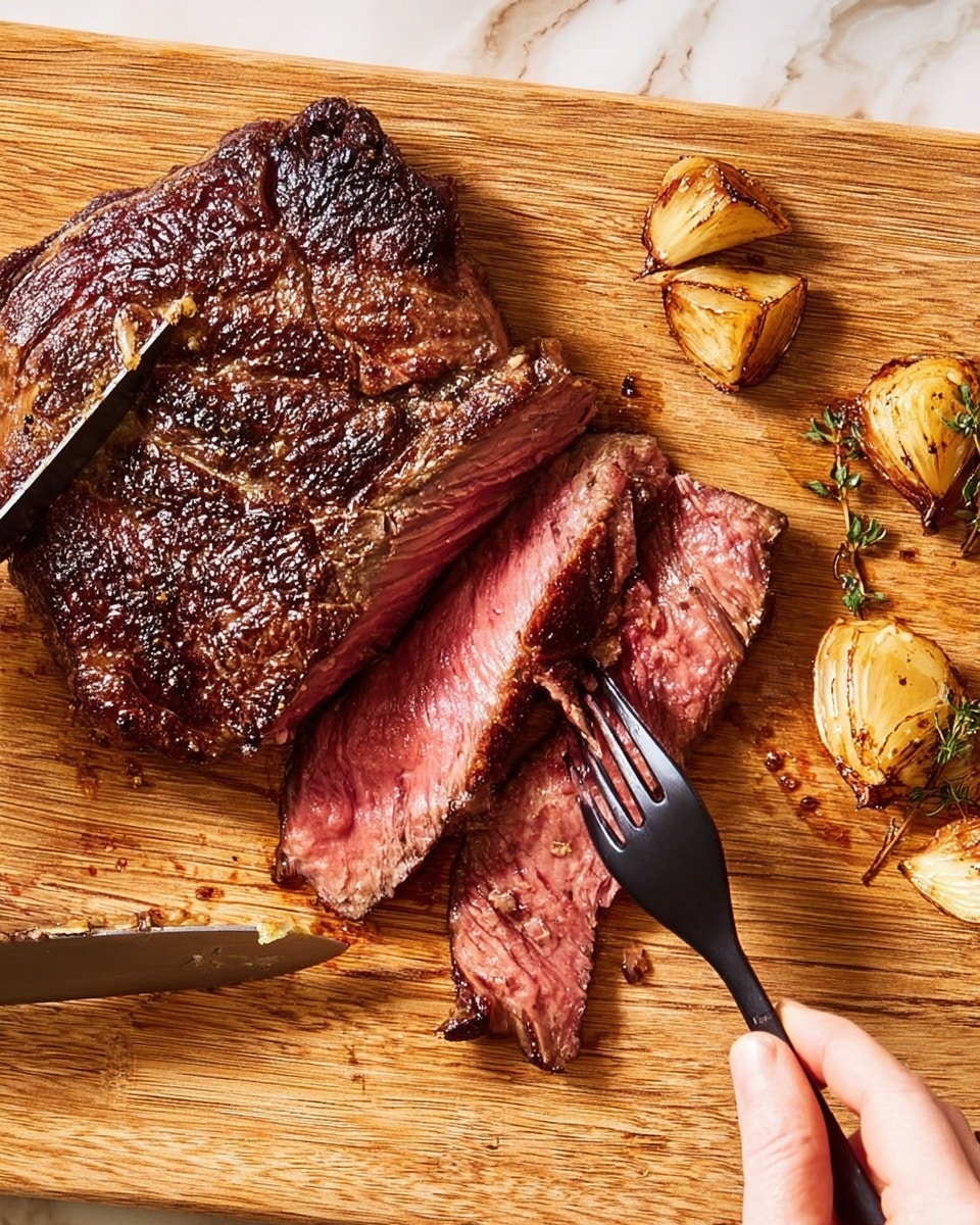 Cut slices of medium-rare steak show a pink center with a dark brown crust on a wooden cutting board. The large steak piece next to it has a mix of textured charred and golden brown edges. A woman's hand holds a black fork piercing a juicy slice, while a knife rests on the meat. Small roasted garlic cloves lie on the side. The whole scene is set on a white marbled texture. photo taken with an iphone --ar 4:5 --v 7