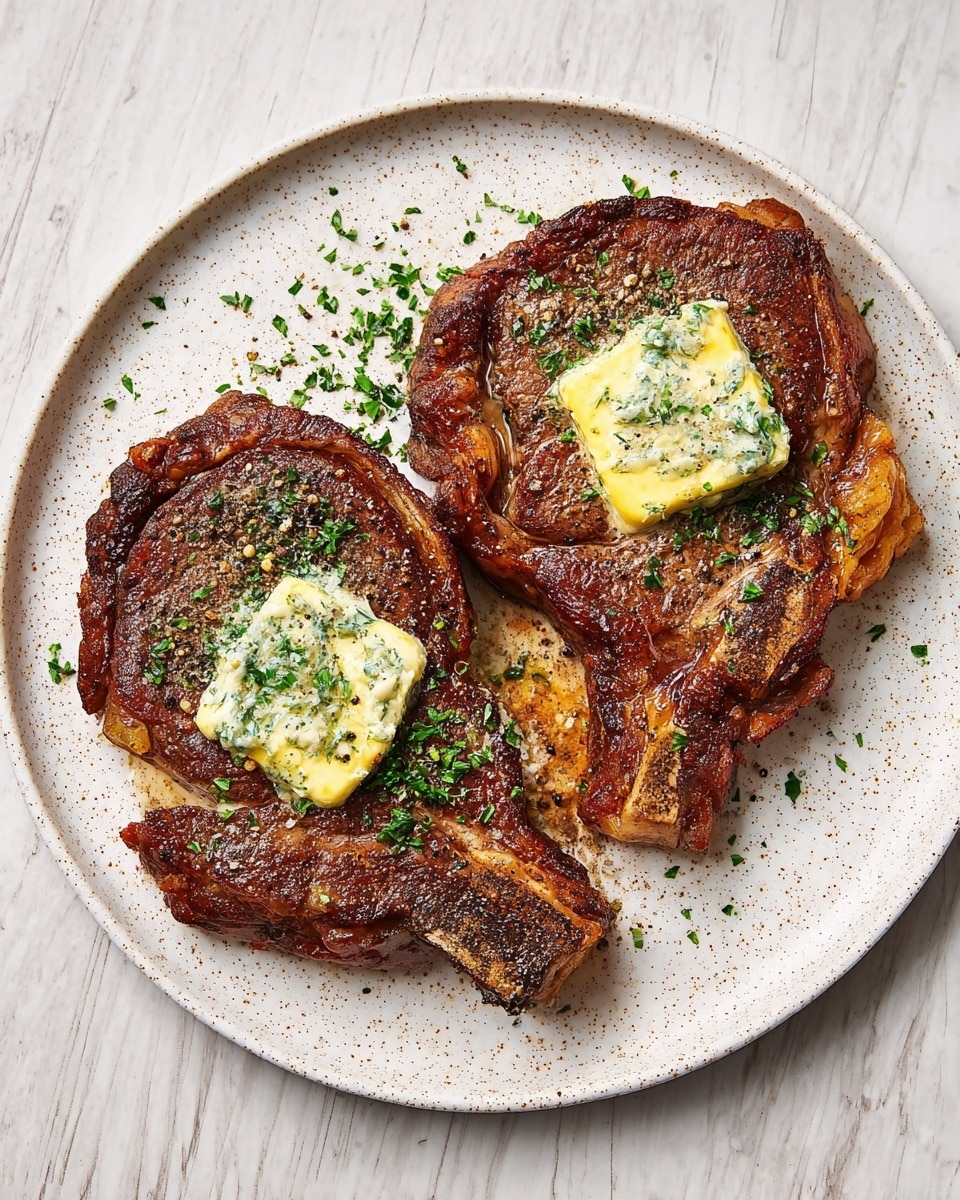 Two cooked ribeye steaks are placed side by side on a large white plate with speckles. Each steak shows a mix of dark brown and golden-brown cooked meat with visible fat edges. On top of each steak is a square piece of melting herb butter, pale yellow with green flecks, slowly spreading over the surface. The steaks are sprinkled with fresh green herbs and black pepper, adding texture and color contrast. The plate rests on a white marbled texture surface. Photo taken with an iphone --ar 4:5 --v 7