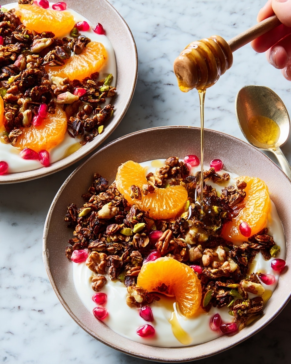 Two white bowls each hold a layered dish starting with a smooth, creamy white yogurt base. On top, there is a generous layer of crunchy, dark brown granola mixed with various nuts and seeds, giving a rough texture. Scattered on this are bright orange mandarin slices and shiny red pomegranate seeds, adding vibrant color contrast. Golden honey is being drizzled over the granola from a honey dipper held by a woman’s hand, creating a glossy shine. One bowl has a spoon resting on its edge. The bowls sit on a white marbled surface. photo taken with an iphone --ar 4:5 --v 7