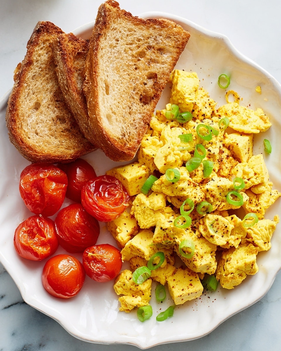 The dish is served on a white scalloped plate placed on a white marbled surface. It has three main parts: on the top left, two slices of golden brown toast stacked slightly sideways showing crispy toasted textures; below the toast, five bright red roasted cherry tomatoes with slightly shriveled skin and a shiny surface; and to the right, a large portion of scrambled tofu in irregular chunks, pale yellow in color with specks of black pepper and topped with small rings of green onion scattered unevenly. The overall look is warm and fresh with a mix of smooth and rough textures. photo taken with an iphone --ar 4:5 --v 7