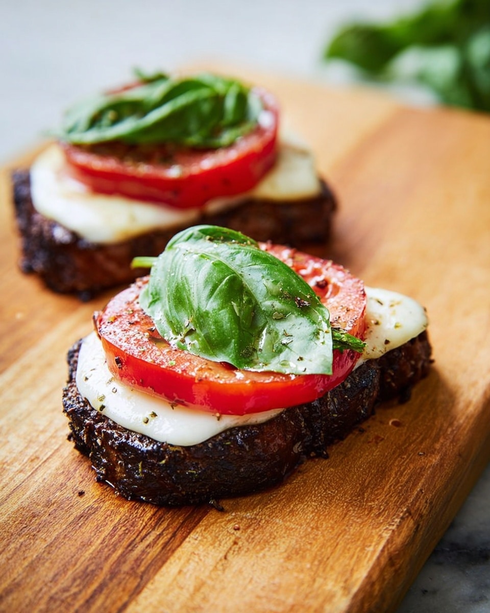 The image shows two thick slices of dark, seasoned grilled meat resting on a wooden board. Each slice is topped with a smooth, creamy white layer of melted cheese, followed by a bright red tomato slice, and finished with a fresh green basil leaf on top. The basil leaf has visible droplets of moisture and a slight shine, with tiny specks of seasoning sprinkled over the stack. The overall look is rich with contrast between the dark meat, creamy cheese, red tomato, and green leaf, with a natural wooden surface underneath. Photo taken with an iphone --ar 4:5 --v 7