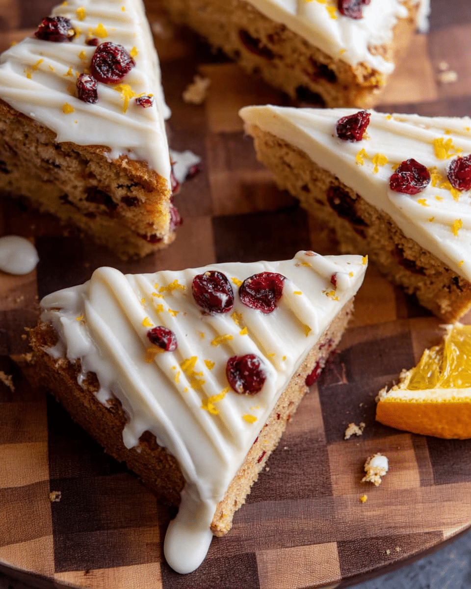 A close-up of a cake cut into slices with two visible layers: a dense, brown cake layer with white chunks and bits of red fruit inside, topped with a thick, smooth white frosting layer. The frosting is decorated with small pieces of dried red fruit and thin drizzles of white icing, along with tiny specks of orange zest scattered on top. The cake slices are placed on a white marbled surface, next to a small white bowl filled with dried red fruit. Photo taken with an iphone --ar 4:5 --v 7