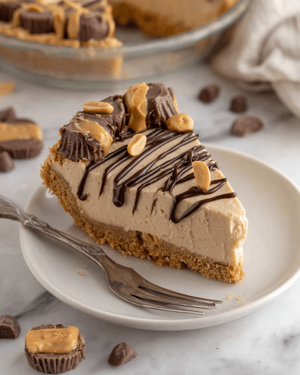 A slice of peanut butter pie sits on a small white plate with a silver fork beside it. The pie has three layers: a crumbly light brown crust at the bottom, a smooth beige peanut butter filling in the middle, and a topping decorated with thick dark chocolate drizzle lines and several cut pieces of chocolate peanut butter cups scattered on top. Around the plate, there are a few peanut pieces and chocolate bits resting on a white marbled surface. In the background, a glass pie dish holds the remaining pie. photo taken with an iphone --ar 4:5 --v 7