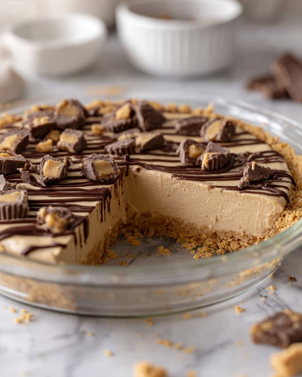 A sliced peanut butter pie in a clear glass pie dish showcases three layers: a crumbly light brown crust at the bottom, a thick smooth light tan peanut butter filling in the middle, and on top, dark brown chocolate drizzle lines with chopped peanut butter cup pieces scattered evenly. The pie sits on a white marbled surface, with a white bowl in the soft focus background and some crumbs scattered around the dish. Photo taken with an iphone --ar 4:5 --v 7