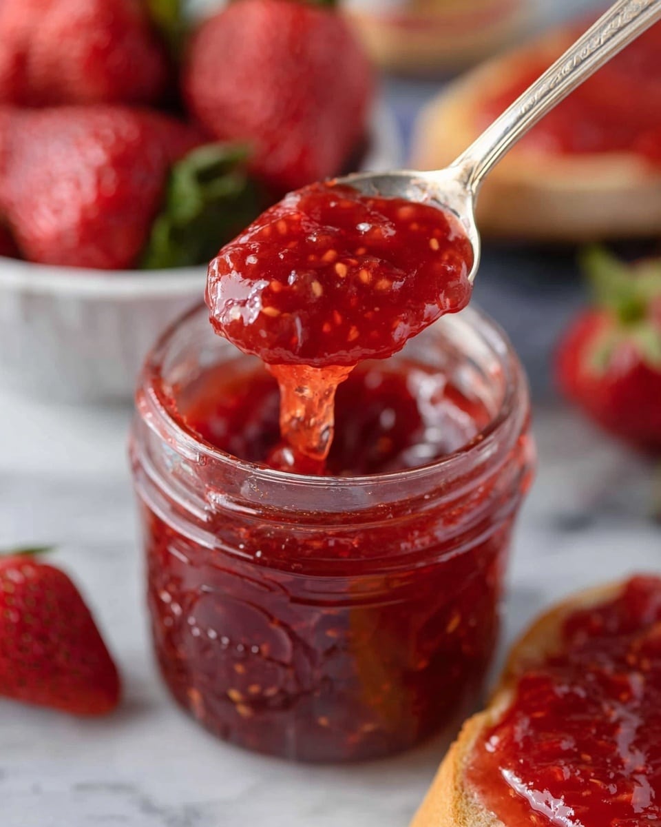 A clear glass jar filled with red strawberry jam and a gold spoon inside is centered on a round wooden board. Around the jar are fresh whole strawberries, one cut in half showing its juicy red inside with green leafy tops still attached. Behind the jar is a closed jar of jam with a white lid and blue text, as well as a white bowl filled with more fresh strawberries. In the foreground to the right is a piece of bread with a thick layer of strawberry jam spread on it, showing a rough crust and soft inside. The scene is set on a white marbled surface. photo taken with an iphone --ar 4:5 --v 7