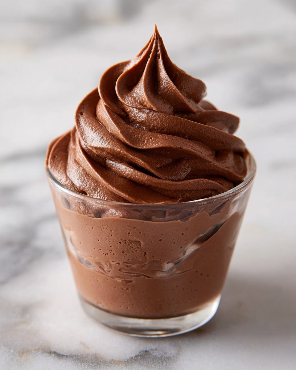 A glass cup filled with three thick swirls of rich, smooth chocolate mousse, each swirl layered on top of the other, creating a pointed peak at the center. The mousse has a shiny, creamy texture and a deep brown color, with visible tiny air bubbles. The cup is placed on a white marbled surface that has soft gray veins. Background elements are blurred, focusing all attention on the mousse. Photo taken with an iphone --ar 4:5 --v 7