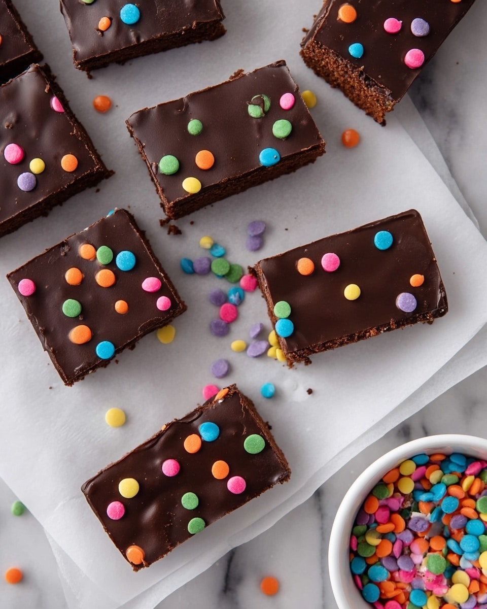 The image shows several chocolate brownies cut into rectangular pieces arranged on white parchment paper over a white marbled surface. Each brownie has two main layers: a dense dark brown bottom layer with a moist texture, topped with a smooth, glossy dark chocolate layer. On top of the chocolate layer, there are many small round candy sprinkles in bright colors like pink, orange, green, blue, yellow, and red, scattered evenly but randomly. Some sprinkles have fallen onto the parchment paper. In the bottom right corner, there is a white bowl filled with the same colorful round candy sprinkles. Photo taken with an iphone --ar 4:5 --v 7