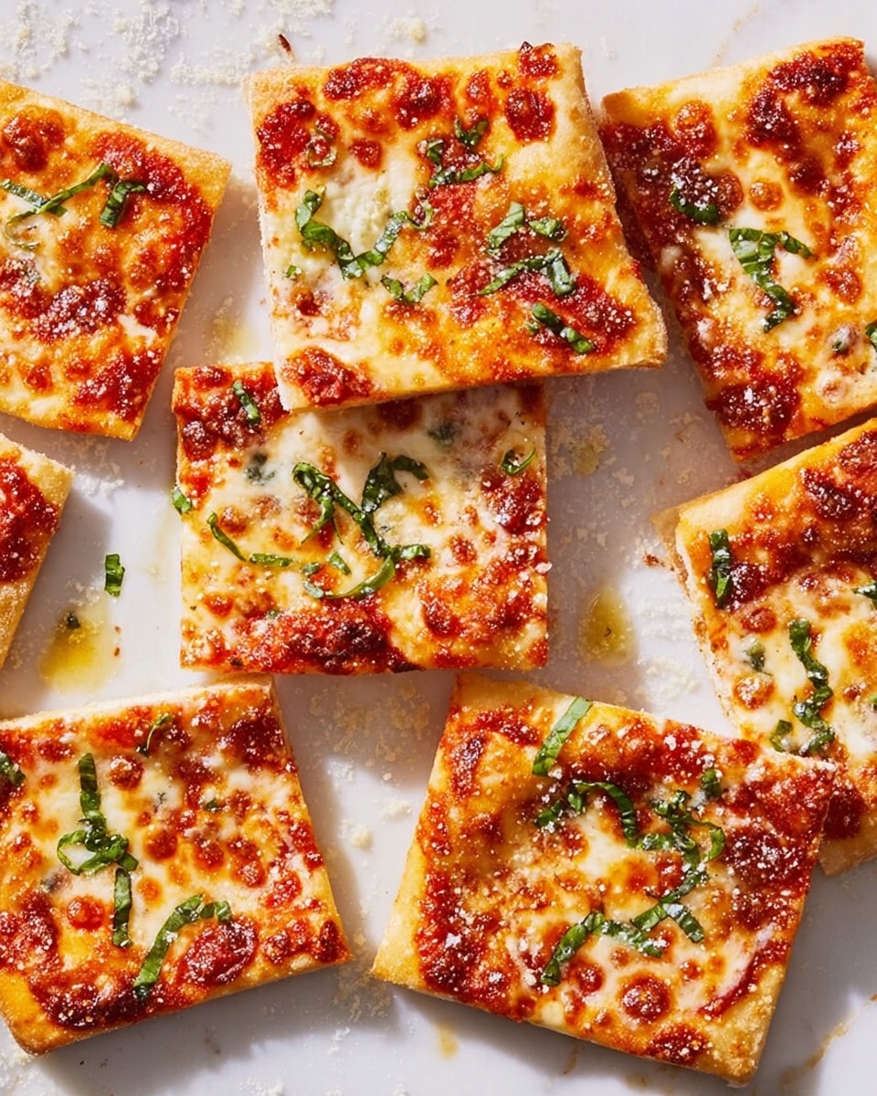 The image shows several square pizza slices laid out on a white marbled surface. Each slice has three visible layers: the bottom layer is a golden-brown thin crust with slightly crispy edges, the middle layer is a bright red tomato sauce spread evenly but thinly, and the top layer features melted, bubbly cheese with some browned spots, sprinkled with chopped green basil leaves. Tiny pools of oil and some grated cheese bits are scattered nearby on the surface. The overall color scheme includes warm golden, red, and green tones on a clean, white marbled background. photo taken with an iphone --ar 4:5 --v 7
