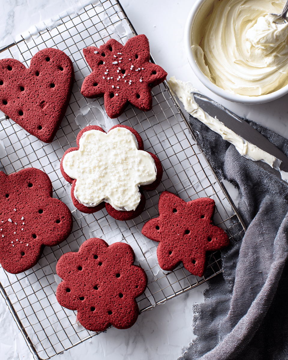 The image shows seven red velvet cookies on a metal cooling rack placed on a white marbled surface. The cookies come in different shapes: three flowers with rounded petals, three stars with pointed edges, and one heart. Each cookie has small holes evenly spaced across its surface, giving a textured look. One flower-shaped cookie near the center has a thick layer of creamy white frosting spread on top, sprinkled with sugar crystals. To the right, a white bowl with creamy frosting sits partially visible on a folded dark gray cloth. A knife with some frosting on its blade lies next to the cloth. The whole scene has soft, natural lighting, creating clear details and a fresh look. photo taken with an iphone --ar 4:5 --v 7