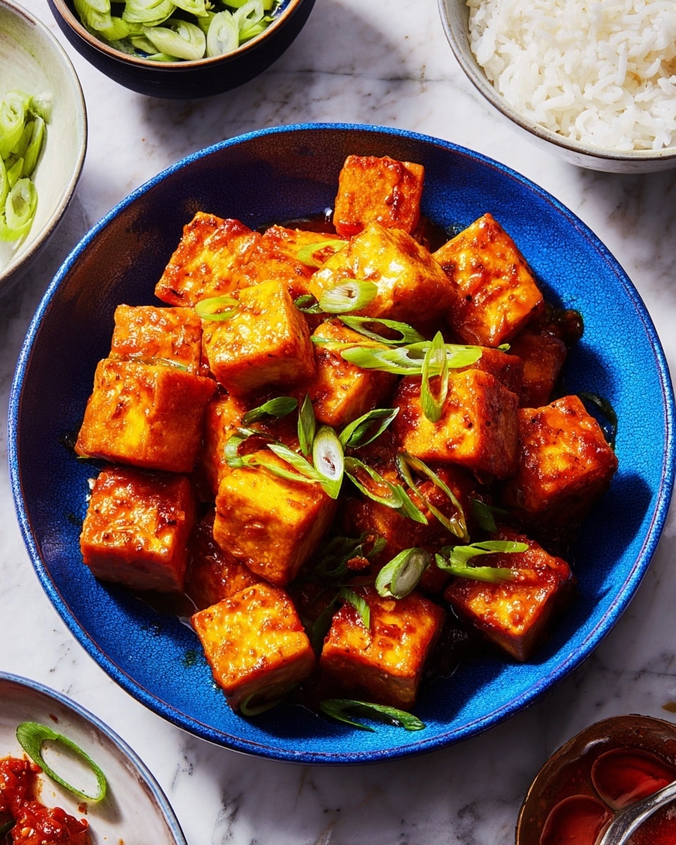 A deep blue bowl filled with multiple golden-brown tofu cubes coated in a shiny, sticky red-orange sauce, scattered with bright green sliced scallions on top; nearby, a small white bowl contains thinly sliced green scallions and a white bowl holds white rice beside the tofu bowl. The background shows a white marbled texture surface. photo taken with an iphone --ar 4:5 --v 7