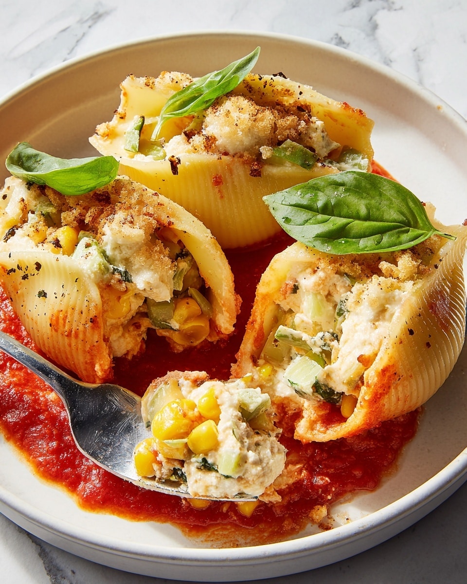 On a white plate, there are three large stuffed pasta shells filled with a creamy white cheese and small pieces of light green vegetable, resting on a thick, rich red tomato sauce layer at the bottom. The pasta shells are golden yellow with slightly browned edges, showing a soft, baked texture. Small bits of yellow corn and some green vegetable pieces are mixed inside the filling. A green basil leaf is placed on the side of the plate for color contrast. A silver fork holds a piece of the stuffed shell with cheese, corn, and vegetable bits visible. The background shows a white marbled surface. photo taken with an iphone --ar 4:5 --v 7