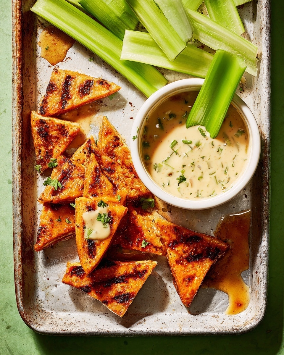 A white bowl filled with creamy, light beige sauce speckled with green herbs sits on a textured baking sheet with a white marbled texture in the background. A bright green celery stick is dipped into the sauce. Next to the bowl is a pile of golden-orange, grilled triangular bites with visible grill marks and a shiny, slightly sticky coating. One triangular piece rests separately with a thick layer of the sauce on top. Several celery sticks are arranged along the top left. The tray shows some dark browning and orange sauce drips. photo taken with an iphone --ar 4:5 --v 7