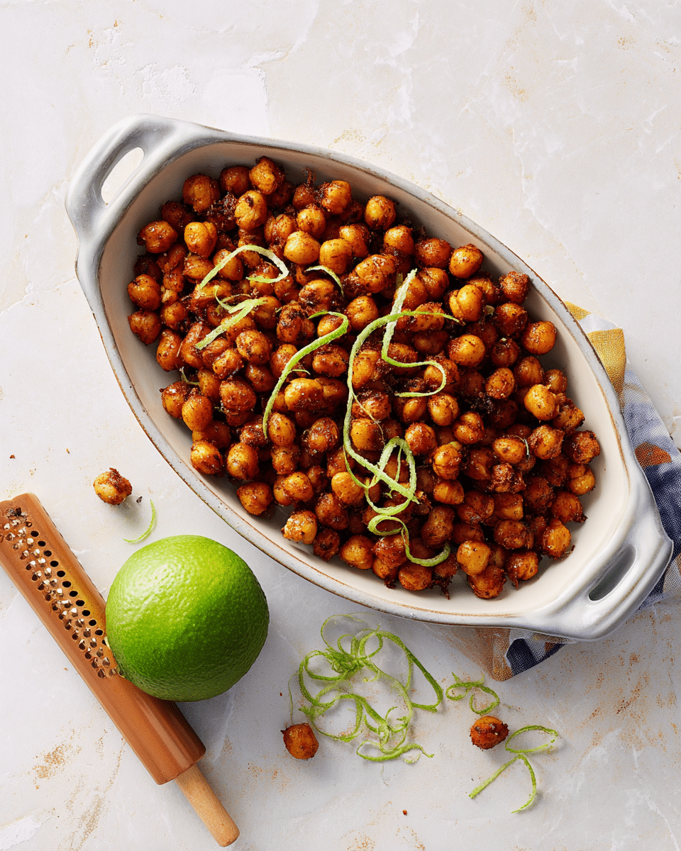 A white oval dish with handles holds a single layer of golden roasted chickpeas coated in a dark reddish-brown spice mix. Scattered on top are thin, curly strips of bright green lime zest adding a fresh contrast. Next to the dish is a half lime with a textured pattern on its peel, and a small wooden-handled zester sits nearby, with a few stray lime zest pieces on the white marbled surface photo taken with an iphone --ar 4:5 --v 7