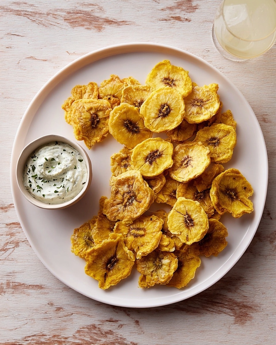 A white round plate holds a pile of crispy yellow plantain chips, each chip showing a rough, crunchy texture with brownish centers where the plantain's core is visible. The chips vary in size and are stacked loosely, some overlapping, forming a single layer mostly covering the plate. On the left side of the plate, there is a small round bowl filled with a creamy white dip sprinkled with bits of green herbs. The background is a white marbled surface that contrasts softly with the warm yellow of the chips and the smooth dip. Photo taken with an iphone --ar 4:5 --v 7