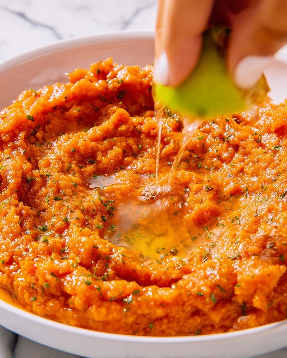 A close-up image of a white plate filled with one main layer of chunky, bright orange-red dip with a slightly rough texture, speckled with small green herb pieces throughout. The dip has a shallow round well in the center, where clear liquid is pooling. A woman's hand is squeezing a bright green lime half over the dip, with droplets of juice falling into the well, making the surface glisten. The scene is set against a white marbled texture. photo taken with an iphone --ar 4:5 --v 7
