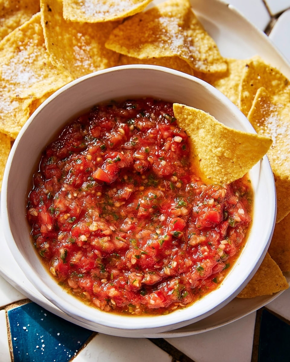 A white bowl filled with chunky red salsa made of finely chopped tomatoes, onions, green herbs, and visible seeds swirling in a liquid base, with a single yellowish tortilla chip dipped on the right edge. The salsa's texture is thick and slightly wet, showing flecks of seasoning and bits of vegetables. To the left, there is a white plate with more yellow corn tortilla chips sprinkled lightly with salt, placed on a white marbled surface with dark blue geometric tile patterns visible underneath. The light highlights the salsa's glossy, fresh appearance. Photo taken with an iphone --ar 4:5 --v 7
