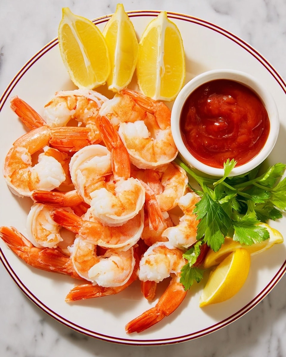 A white plate with a thin red rim holds a seafood dish arranged neatly. The main layer features a circle of cooked shrimp with bright orange and white coloring, tails facing outward. Inside the circle, there are fresh green celery leaves placed on the upper right side. Surrounding the shrimp are several lemon wedges with bright yellow skin and juicy pulp. On the right side of the plate, a small white bowl filled with thick red cocktail sauce rests. The whole setting is on a white marbled surface. Photo taken with an iphone --ar 4:5 --v 7