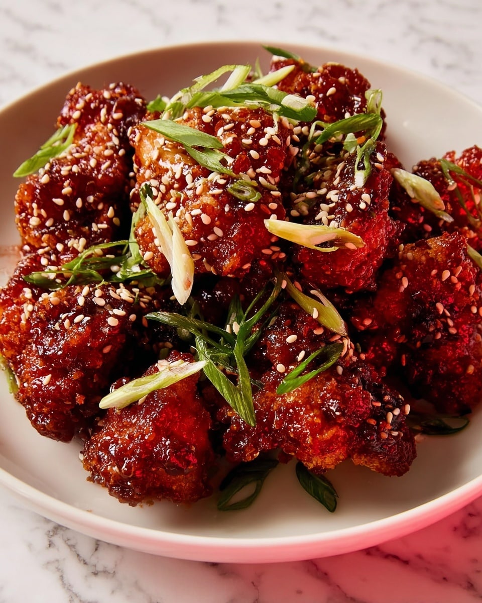 A white plate holds several pieces of deep-fried cauliflower, each piece coated in a shiny, sticky red sauce. The cauliflower pieces are rough and crispy, topped with small white sesame seeds scattered evenly across. Thin slices of green onion rings and diagonally cut green scallions are sprinkled on top, adding bright green color that contrasts well with the deep red sauce. The plate is set on a white marbled surface. photo taken with an iphone --ar 4:5 --v 7
