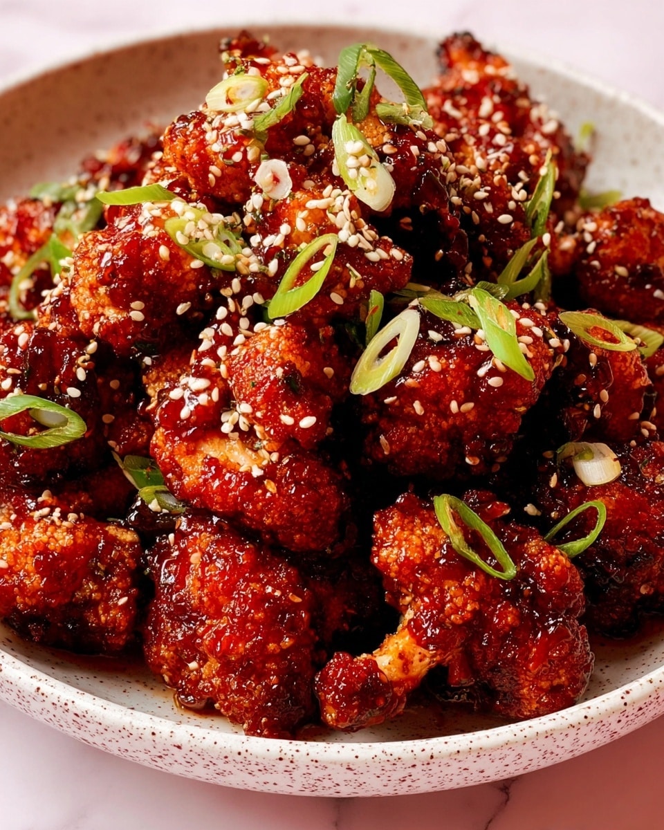 A close-up view of crispy fried cauliflower pieces coated in a shiny, dark red sticky sauce, served in a white speckled bowl. The cauliflower is covered with small white sesame seeds and garnished with fresh green sliced scallions scattered across the top. The texture of the cauliflower shows a crispy, crunchy outside with a few tender inside spots visible. The bowl sits on a white marbled surface. photo taken with an iphone --ar 4:5 --v 7