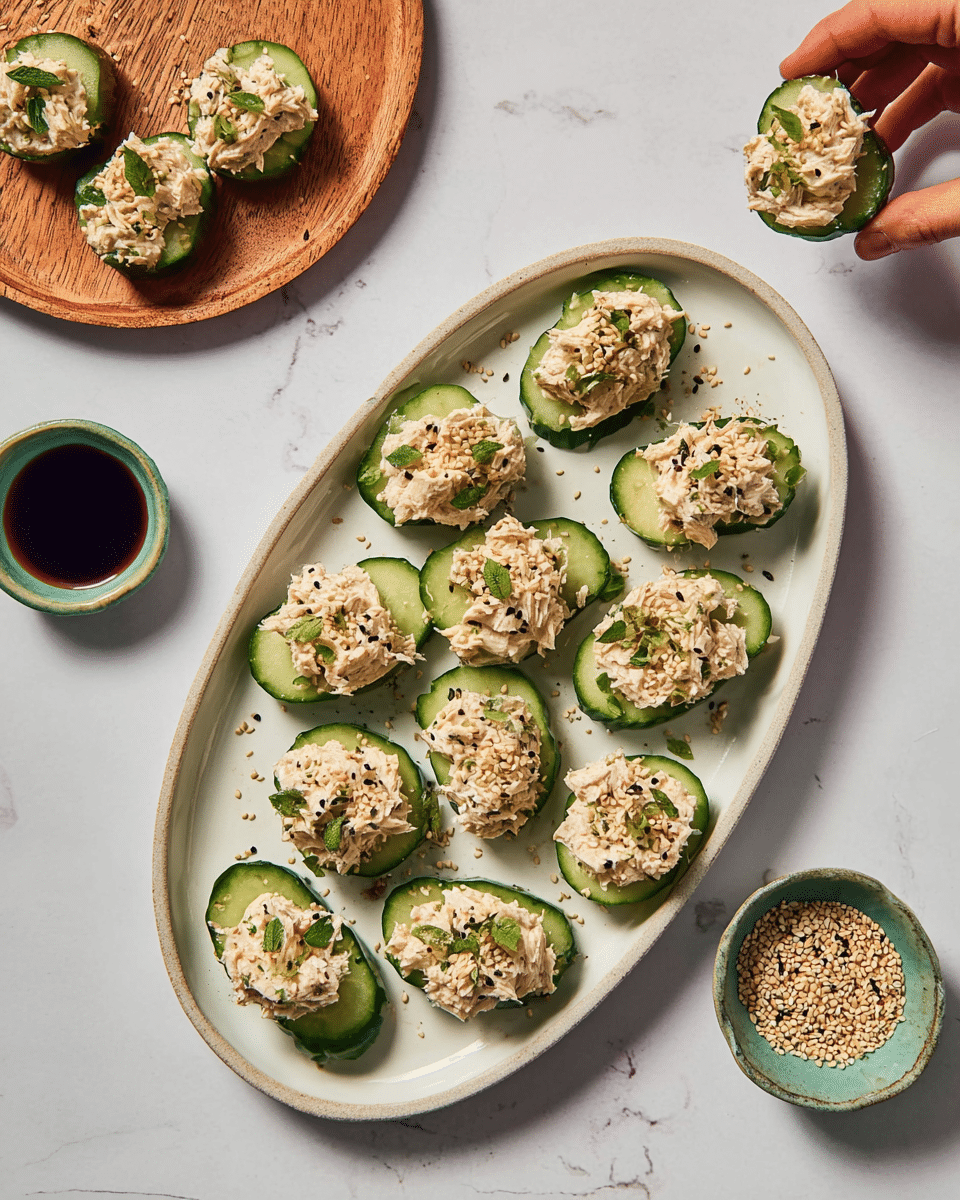 The image shows a white oval plate on a white marbled surface, filled with small green cucumber slices as the base layer. On top of each cucumber slice is a creamy pale beige chicken salad mixed with herbs, forming a rough, chunky second layer. Light brown sesame seeds are sprinkled over the chicken salad, adding texture and a hint of color contrast on the top. To the side, there is a wooden round plate with a woman's hand holding some of the small cucumber and chicken salad bites. Small bowls with sesame seeds and dark soy sauce with seeds floating over it are nearby, completing the simple and fresh presentation. Photo taken with an iphone --ar 4:5 --v 7