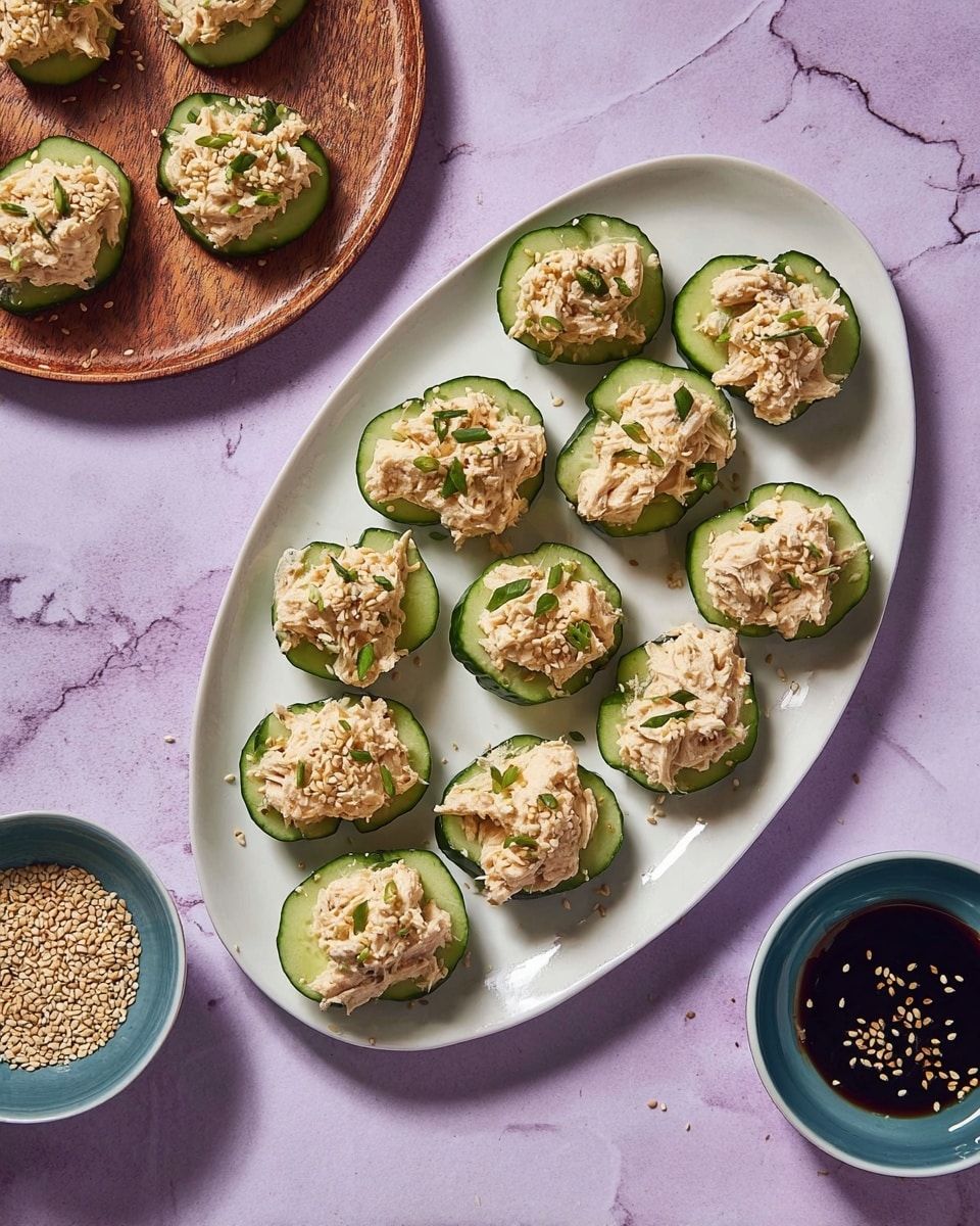 The image shows an oval white plate with around fifteen small appetizers arranged randomly. Each appetizer has two layers: the bottom layer is a bright green cucumber slice and the top layer is a creamy, pale beige chicken salad with small bits of green herbs mixed in. The chicken salad is shaped roughly round and topped with light brown sesame seeds. The plate sits on a purple surface with a white marbled texture added. To the left, there is a wooden round plate with two more appetizers and a small blue bowl full of sesame seeds. Below that bowl is another small bowl with dark soy sauce sprinkled with sesame seeds. A woman’s hand is partially visible holding one appetizer on the wooden plate. Photo taken with an iphone --ar 4:5 --v 7
