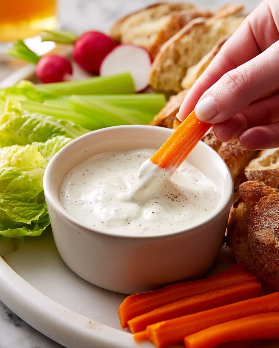 A close-up of a white bowl filled with creamy white ranch dressing that has a smooth texture with specks of black pepper. In the foreground, a woman's hand is dipping a bright orange carrot stick, coated halfway in the ranch. Around the bowl, fresh crunchy vegetables are arranged, including light green romaine lettuce leaves with visible veins and texture, red radishes with their smooth skin, and more orange carrot sticks. In the background, pieces of crusty bread with a golden brown, textured surface are visible. The whole scene is set on a white marbled surface. photo taken with an iphone --ar 4:5 --v 7