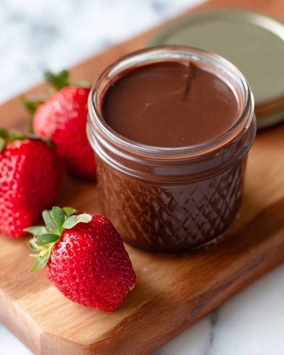 The image shows a small glass jar filled with smooth, dark brown chocolate spread, with the shiny, even surface of the spread visible at the top. The jar has a diamond pattern on its side and an open metal lid placed nearby. Two bright red strawberries with green leaves lie on the wooden board next to the jar, with one strawberry close to the jar in the foreground and the other slightly blurred in the background. The setup is placed on a white marbled surface, giving a clean and simple look. photo taken with an iphone --ar 4:5 --v 7