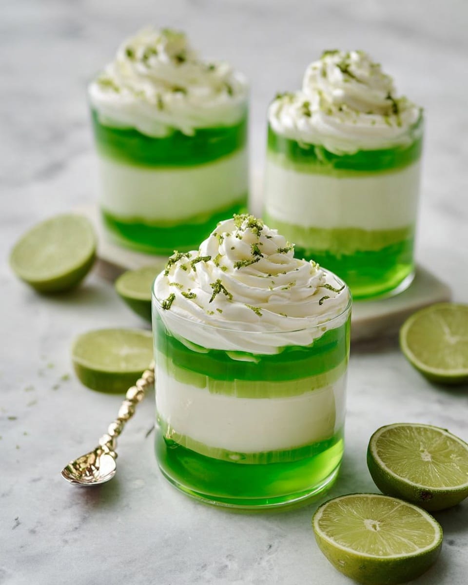 Three clear round glasses each show a layered dessert with five layers. The bottom layer is bright green jelly with a smooth, shiny texture. Above it, there is a thick white creamy layer that looks soft and fluffy. Next, there is another bright green jelly layer, thinner than the first, followed by a second thick white cream layer. On top, there is a thick swirl of white whipped cream sprinkled with small green zest pieces. One glass at the front has a small decorative spoon in it. Around the glasses are halved limes, all placed on a white marbled surface. photo taken with an iphone --ar 4:5 --v 7
