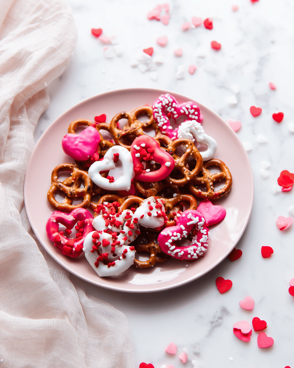 A light pink plate holds around twenty small pretzels, each dipped halfway in colorful coatings of smooth white, bright pink, and deep red, some covered in tiny heart-shaped, round, and stick-like sprinkles in matching shades of red, white, and pink. The pretzels' golden brown color contrasts with the vibrant coatings, and the plate rests on a white marbled surface scattered with small heart-shaped and round confetti in red, white, and pink. A soft white cloth is draped casually on the left side of the frame, adding a gentle texture. photo taken with an iphone --ar 4:5 --v 7