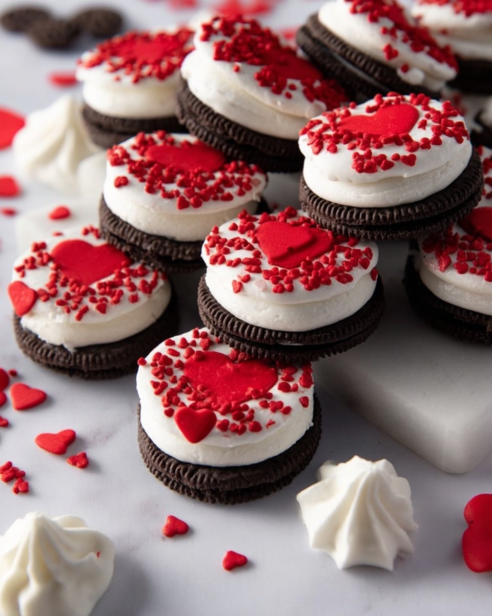 A pile of chocolate sandwich cookies are partially dipped in white creamy frosting, with each cookie decorated with small red heart-shaped sprinkles mostly on the frosting side. The cookies have a dark brown textured top layer with the classic sandwich edge, a white cream filling in the middle, and the bottom layer dipped in smooth white frosting. They are arranged on a white marble block, with extra red heart sprinkles and white dollops of cream spread on the surrounding white marbled surface. The overall look is festive and bright with strong contrasts between the dark cookies, white frosting, and red hearts. photo taken with an iphone --ar 4:5 --v 7