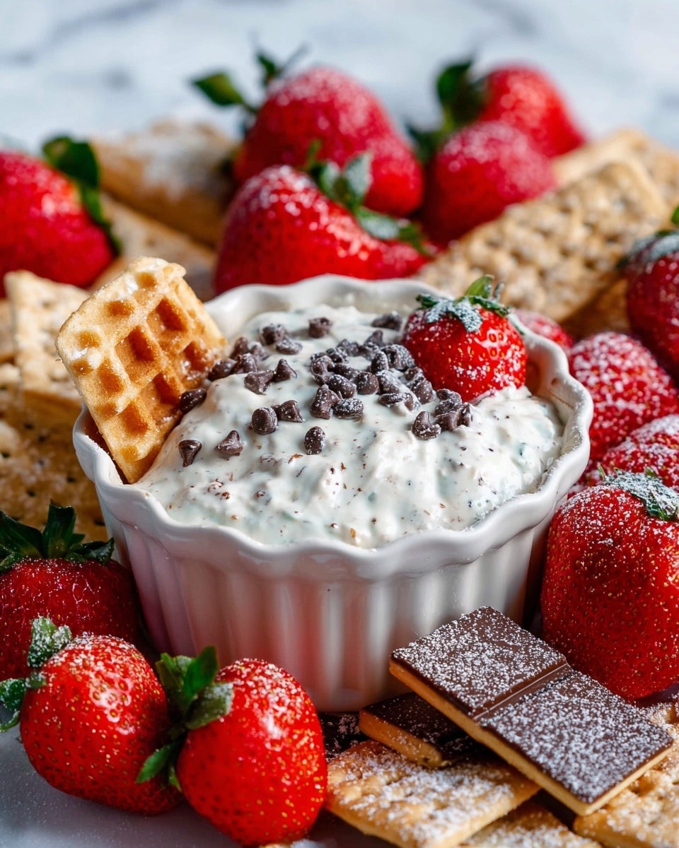 A white bowl with a scalloped edge holds a creamy white dip mixed with small dark chocolate chips, giving it a slightly bumpy texture. The bowl sits among fresh bright red strawberries, some whole and some cut in half showing their juicy inside, along with shiny waffles that are light brown and textured with a grid pattern, placed partly inside the dip. Around the bowl are milk chocolate pieces resting on square-shaped golden brown crackers, all lightly dusted with powdered sugar. The scene is set on a white marbled surface, adding a soft, elegant background to the colorful, fresh arrangement. photo taken with an iphone --ar 4:5 --v 7