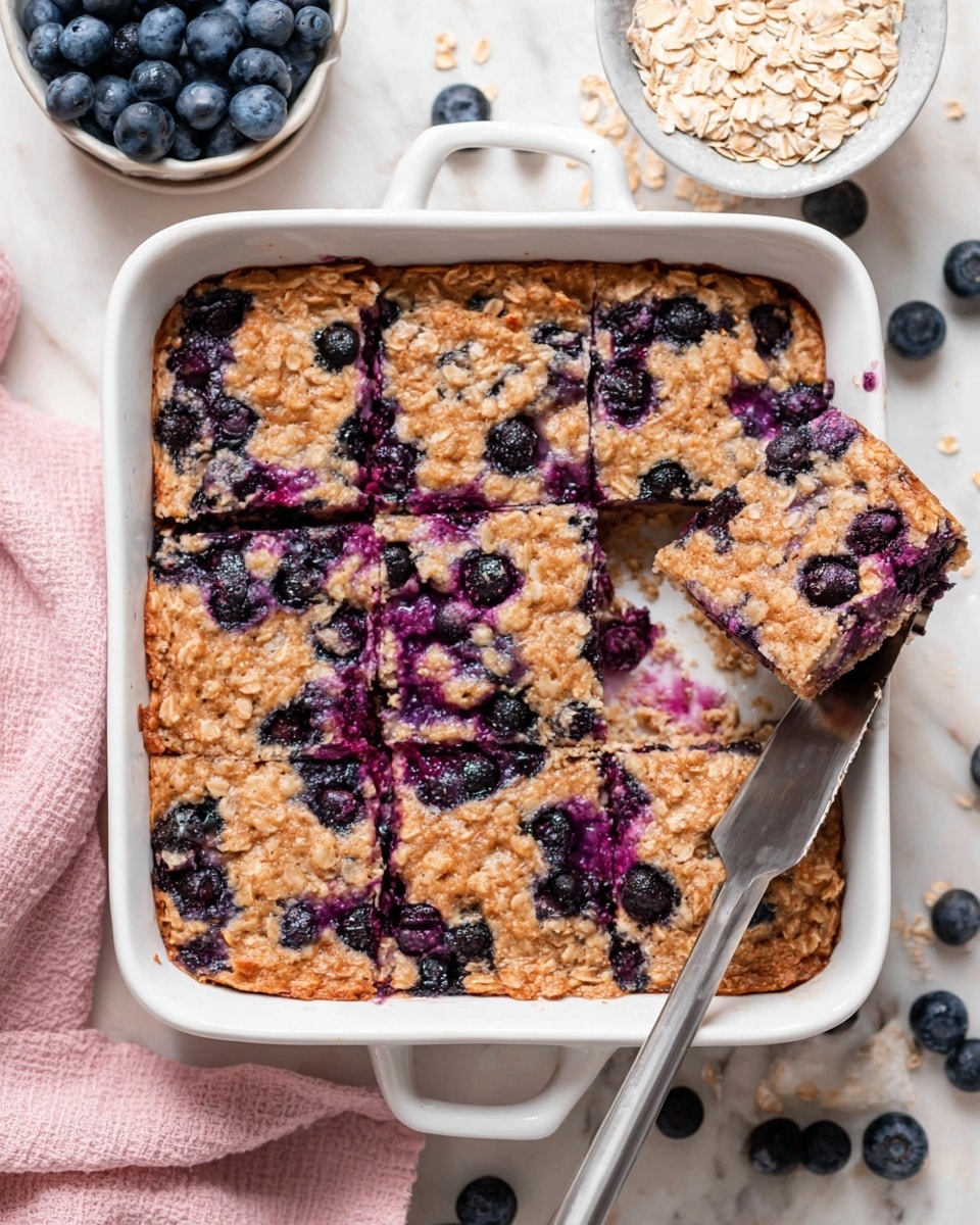 A white square baking dish filled with a baked oatmeal blueberry bar cut into six pieces, with the top layer showing a golden oat texture mixed with whole and slightly mashed blueberries, creating purple-blue spots throughout. One piece is lifted by a silver spatula from the bottom right, showing the thick, dense, and moist oatmeal layer held together with oats and juicy blueberries throughout. Around the dish are scattered fresh blueberries, a small bowl of rolled oats, and a white marbled surface beneath, with a pink cloth partially visible in the lower left corner. photo taken with an iphone --ar 4:5 --v 7