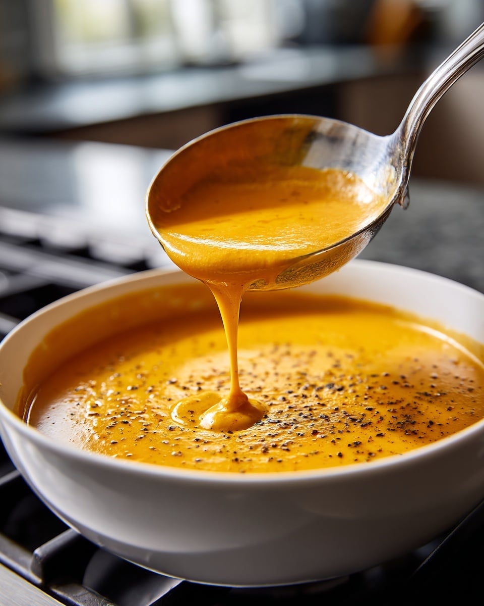 A white bowl filled with creamy orange soup topped with black pepper flakes sits on a stove. A ladle lifts thick soup from the bowl, showing smooth texture with a few small bubbles. The ladle is silver and shiny, and some soup drips back into the bowl. The background is softly blurred, placing focus on the warm soup in the bowl. photo taken with an iphone --ar 4:5 --v 7