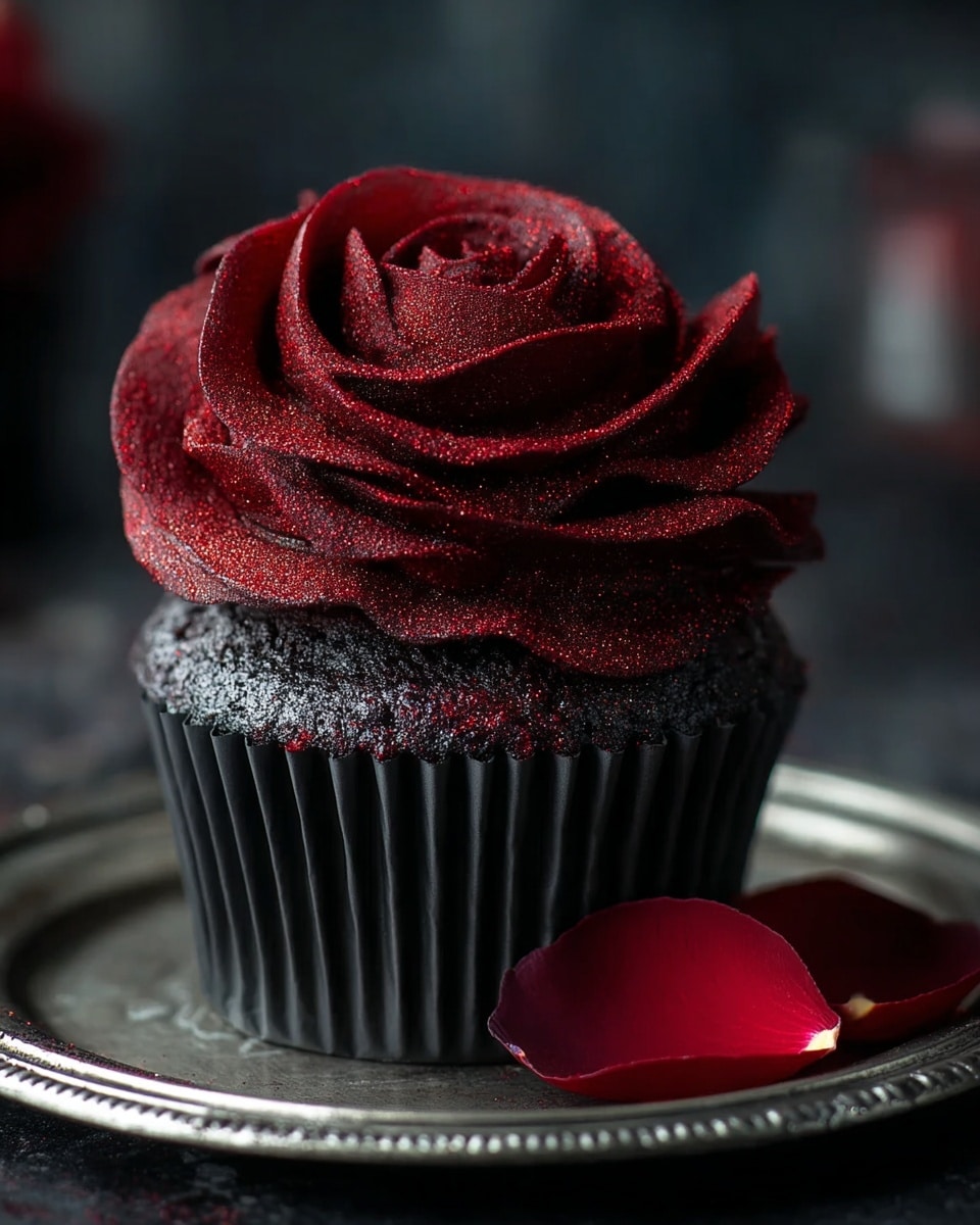 A dark chocolate cupcake with a black wrapper sits on a silver round tray, topped with a large, deep red frosting rose that has many delicate petals layered in a spiral, each petal having a velvety texture and a dusting of fine red glitter. The cupcake base looks moist and dense with a slightly rough surface. Beside the cupcake, a single deep red rose petal lies on the tray. The background is dark and blurred. photo taken with an iphone --ar 4:5 --v 7