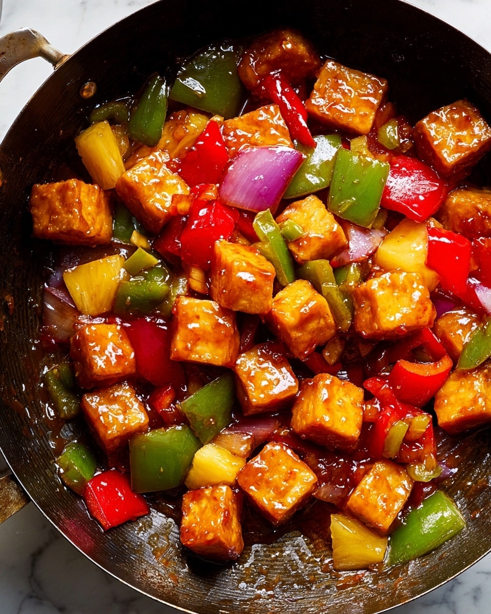 A close-up view of a black pan filled with golden-brown tofu cubes coated in a shiny, thick glaze. Mixed evenly with the tofu are chopped pieces of bright green and red bell peppers, purple onions, and small chunks of yellow pineapple, all covered in the same glossy sauce. The overall look is colorful and vibrant, showing different textures from crispy tofu edges to soft vegetables and fruit. The pan rests on a white marbled surface. photo taken with an iphone --ar 4:5 --v 7